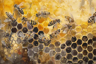 Watercolor Painting Of Honeybees On A Honeycomb