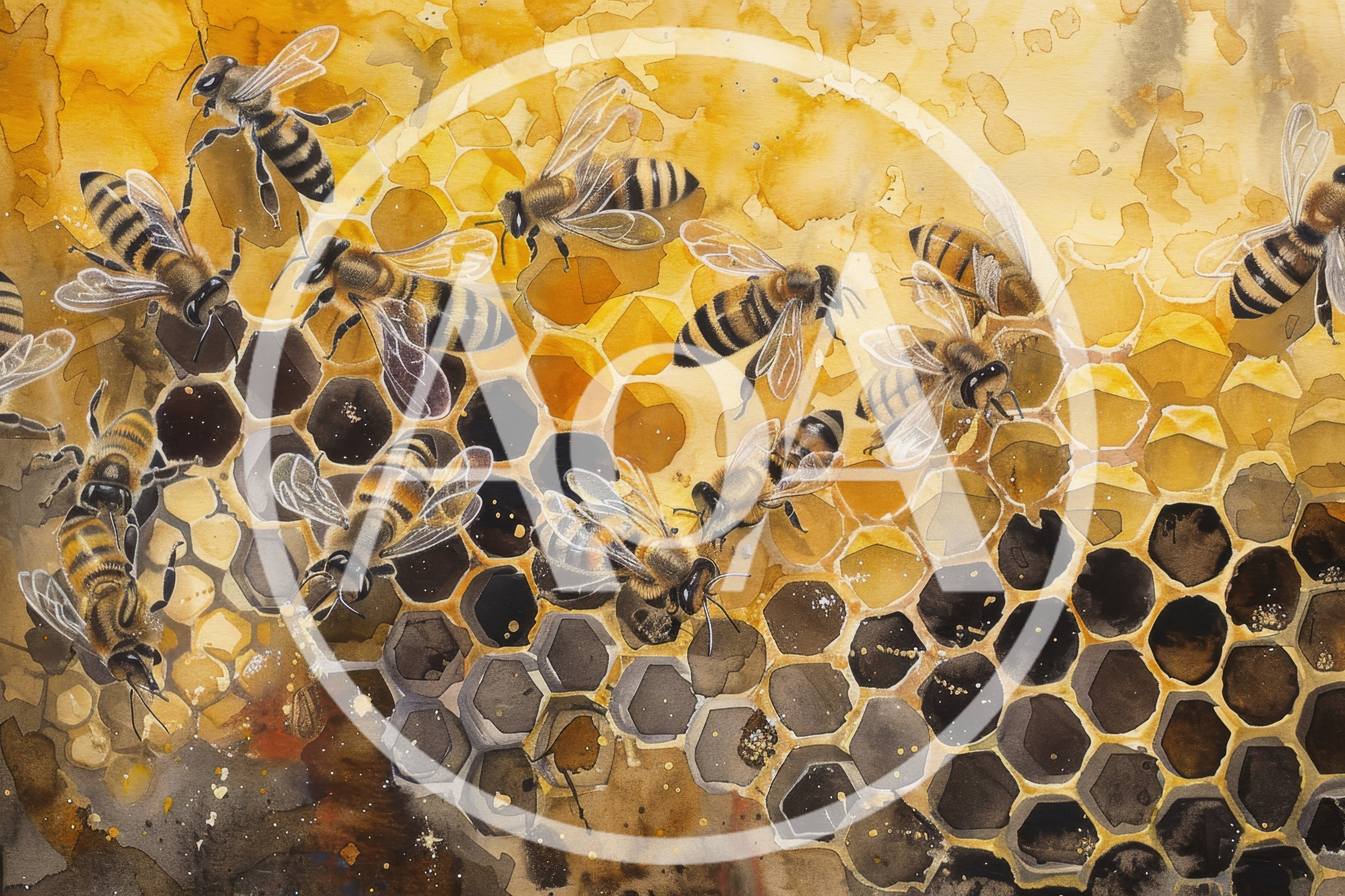 Watercolor Painting Of Honeybees On A Honeycomb