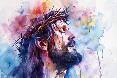 Watercolor Portrait Of Jesus Wearing A Crown Of Thorns
