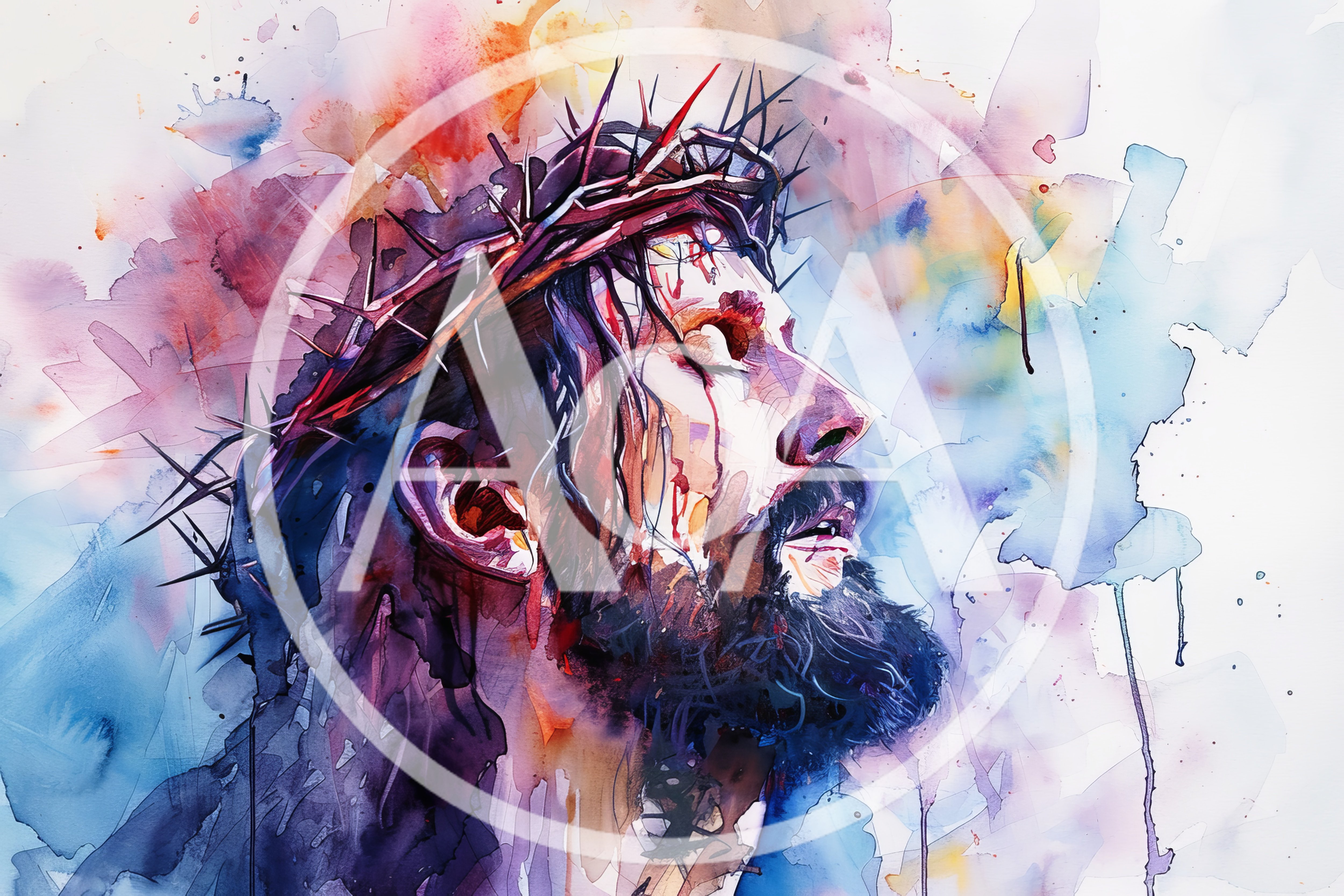 Watercolor Portrait Of Jesus Wearing A Crown Of Thorns