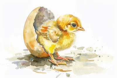 Watercolor Illustration Of A Newborn Chick Hatching