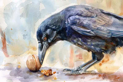 Watercolor Painting Of A Crow Inspecting A Nut