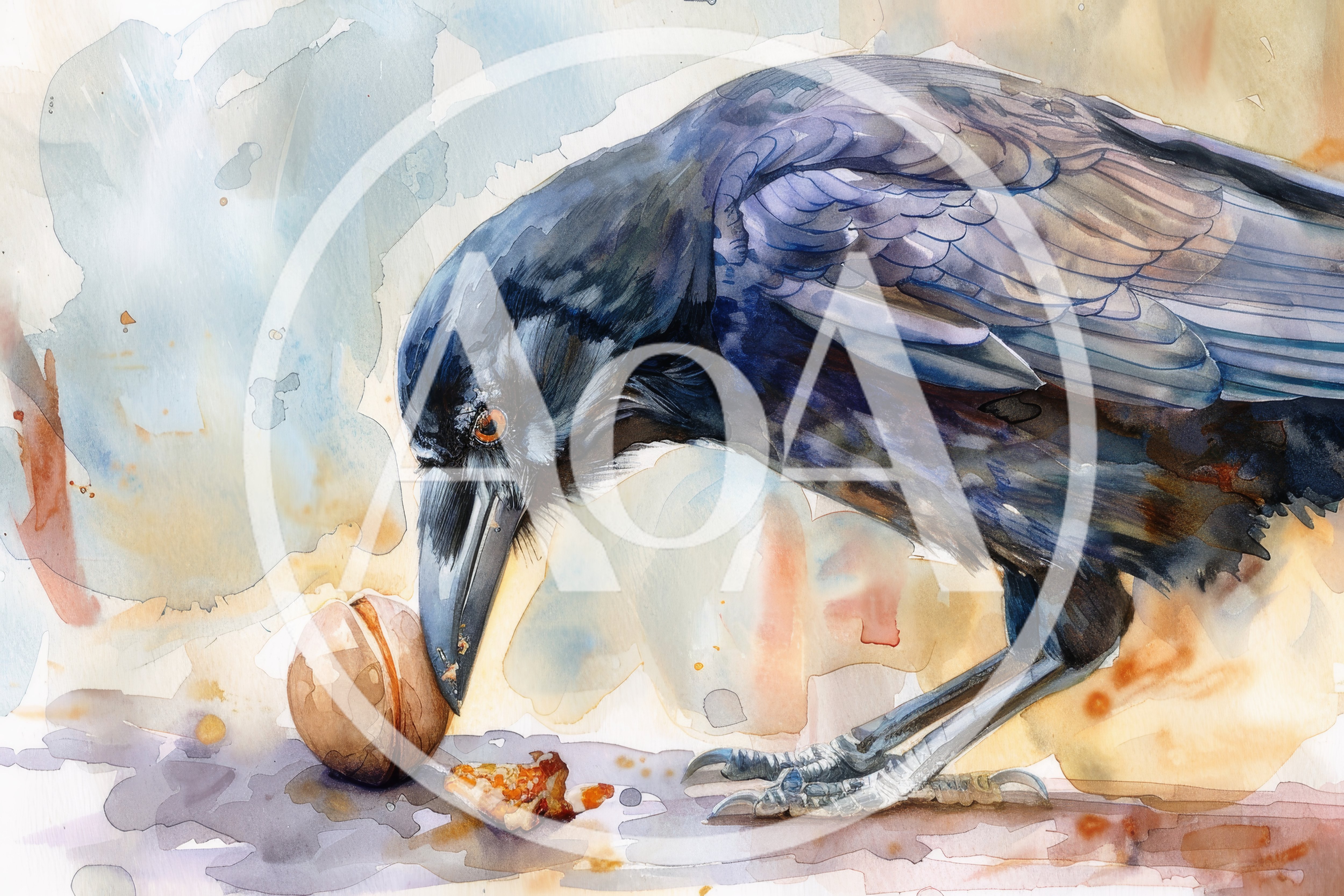 Watercolor Painting Of A Crow Inspecting A Nut