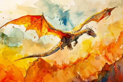 Watercolor Illustration Of A Flying Golden Dragon