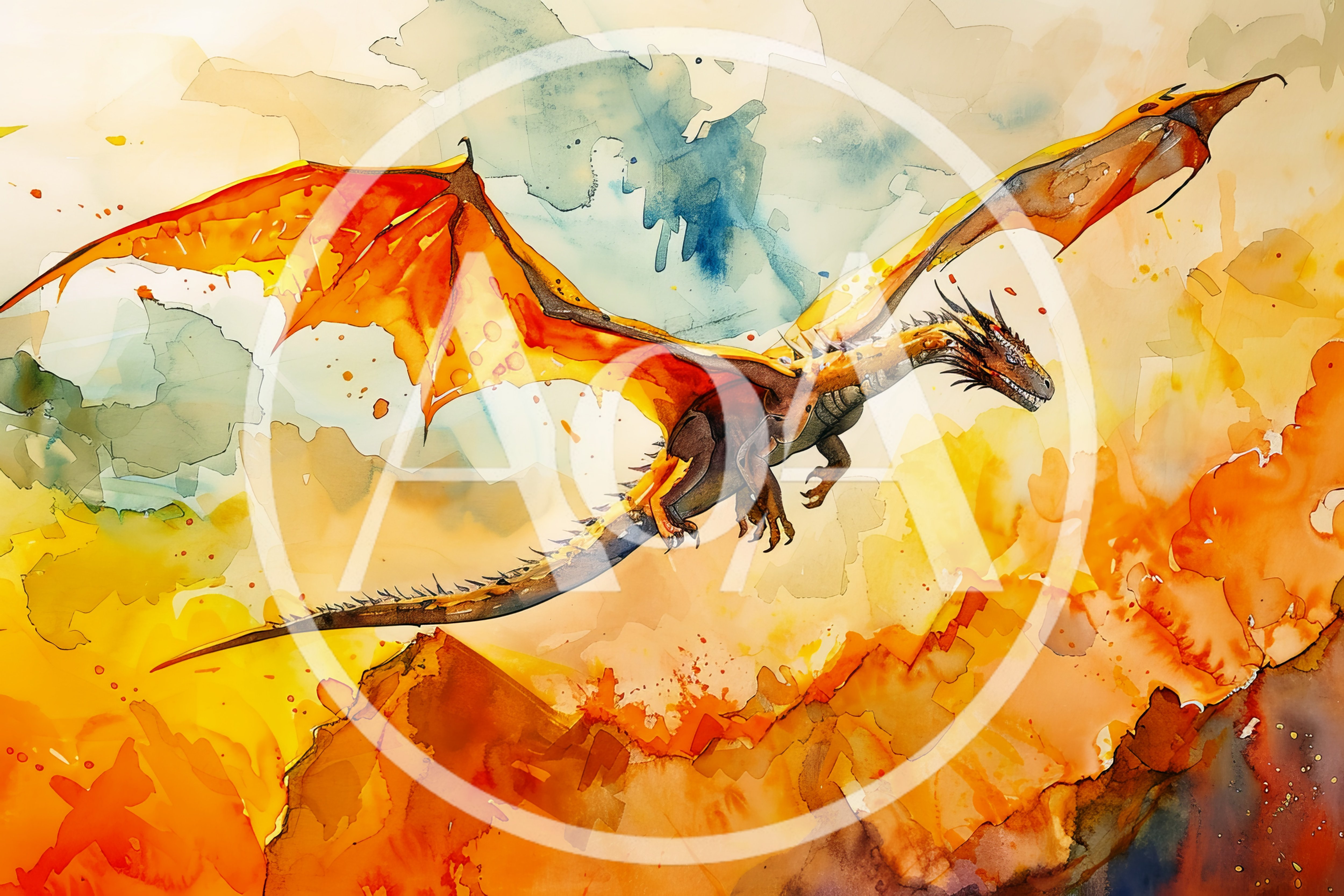 Watercolor Illustration Of A Flying Golden Dragon