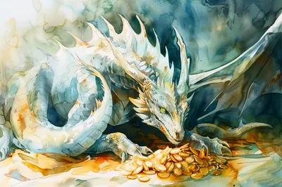 Watercolor Illustration Of A Dragon Guarding Gold Coins