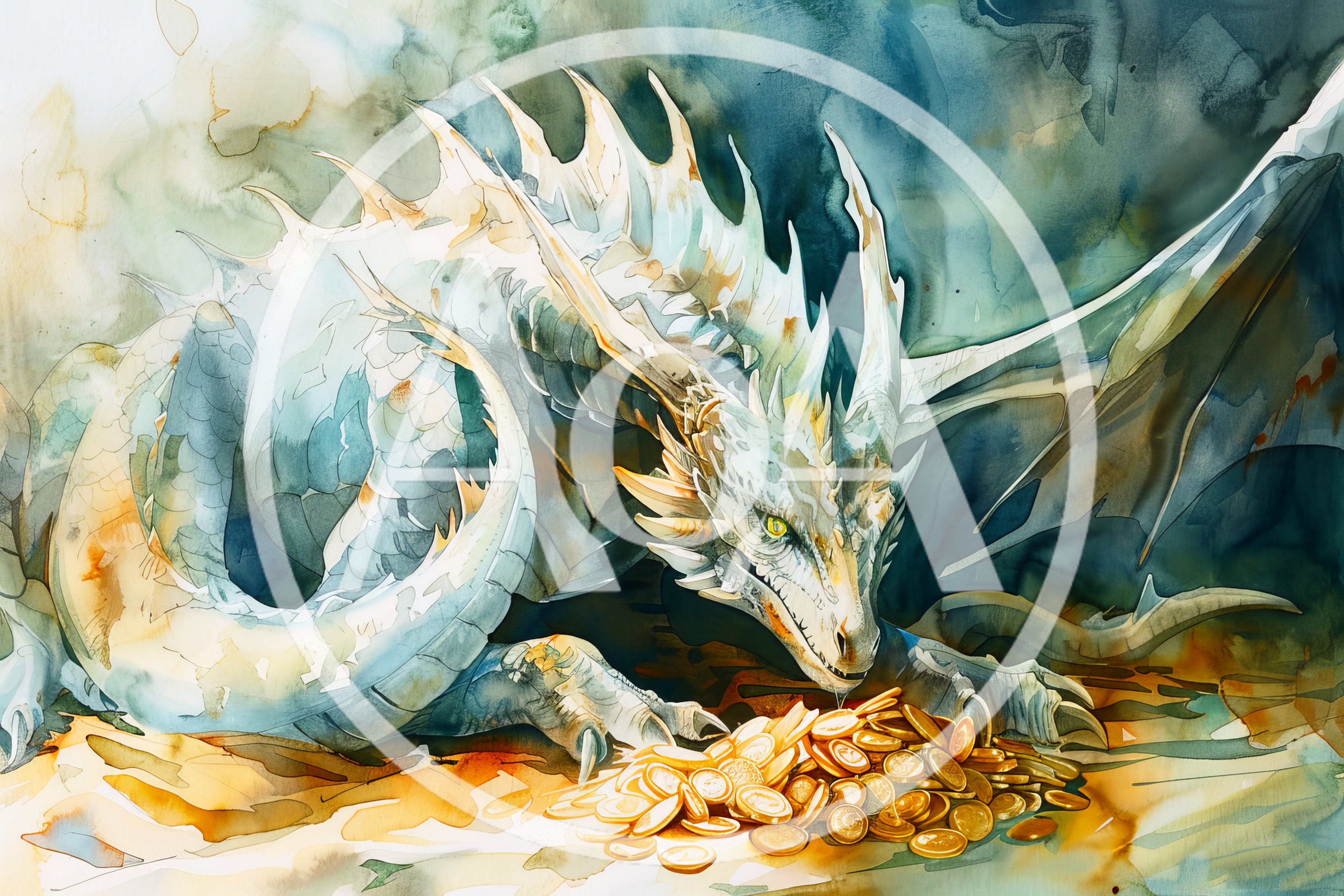 Watercolor Illustration Of A Dragon Guarding Gold Coins