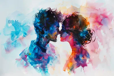 Abstract Watercolor Painting Of A Romantic Couple