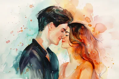 Watercolor Illustration Of A Romantic Couple Embracing