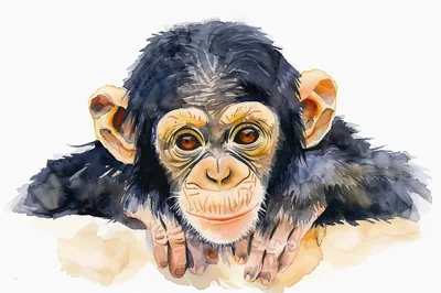 Watercolor Illustration Of A Young Chimpanzee Portrait