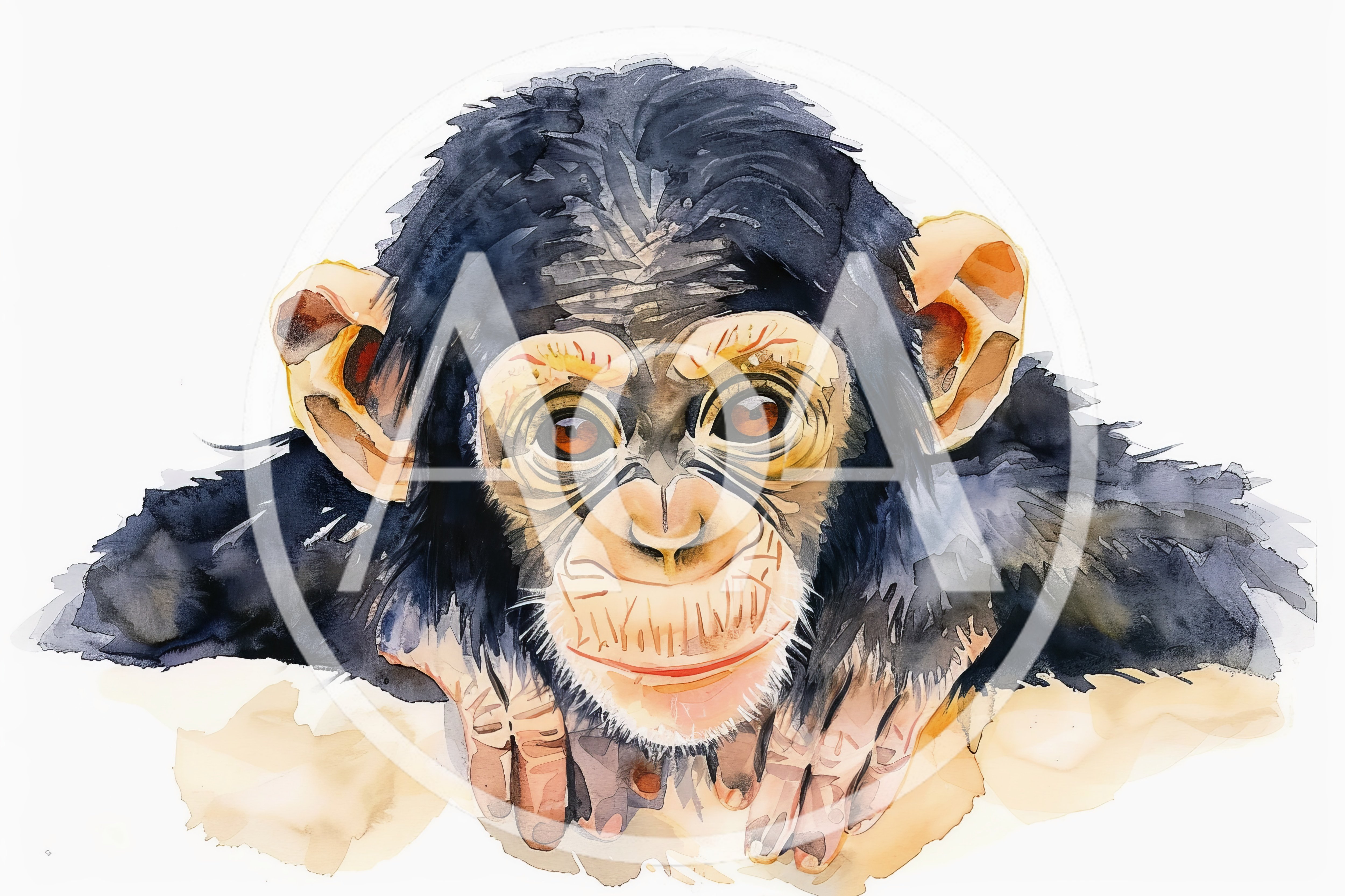 Watercolor Illustration Of A Young Chimpanzee Portrait