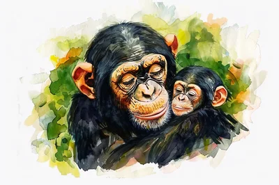 Watercolor Illustration Of A Mother Chimpanzee And Baby