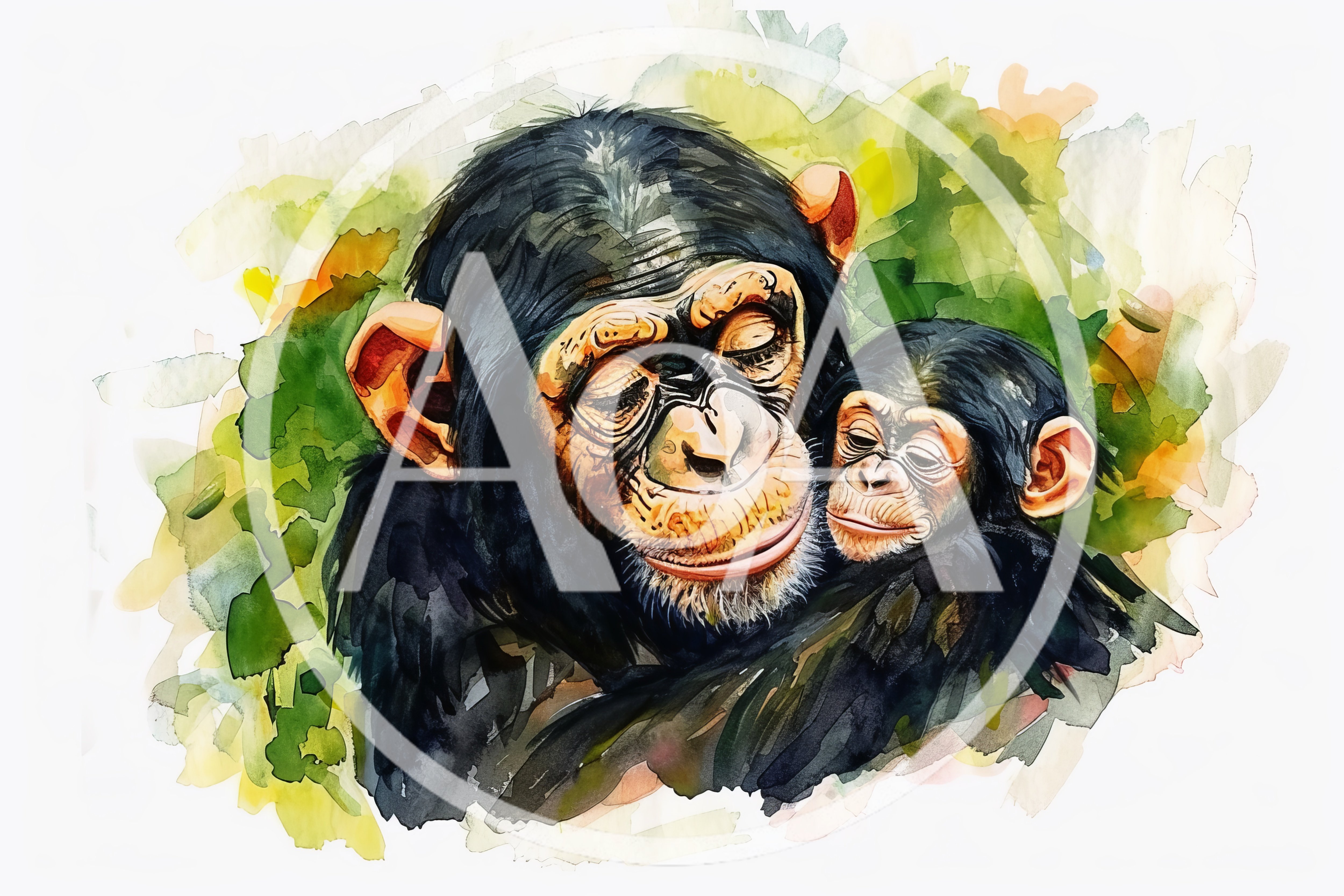 Watercolor Illustration Of A Mother Chimpanzee And Baby