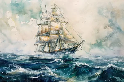 Watercolor Painting Of A Tall Ship Sailing Rough Seas