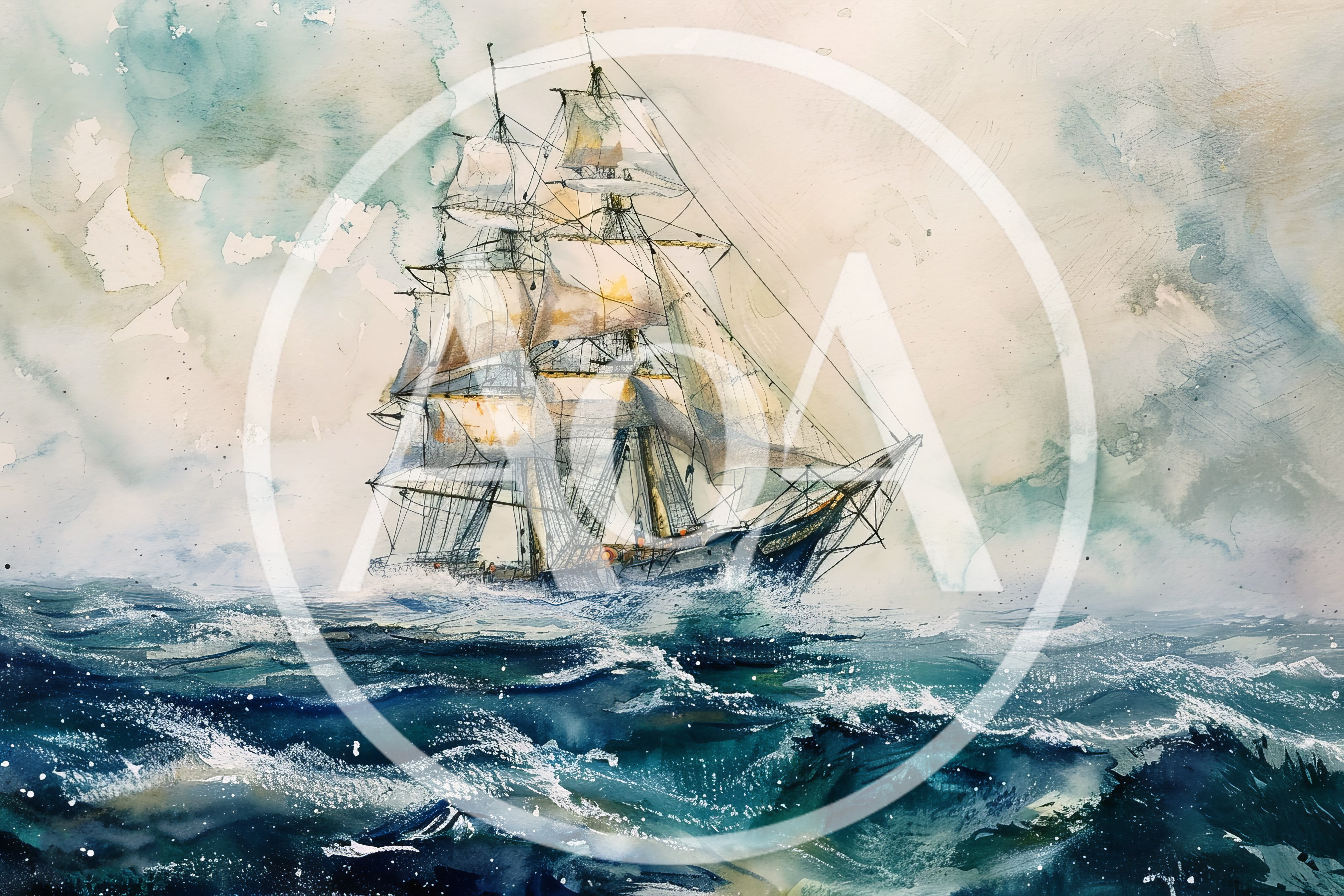Watercolor Painting Of A Tall Ship Sailing Rough Seas