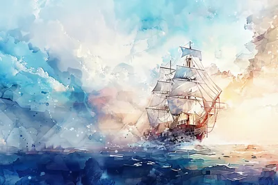 Watercolor Painting Of A Tall Ship Sailing At Sea