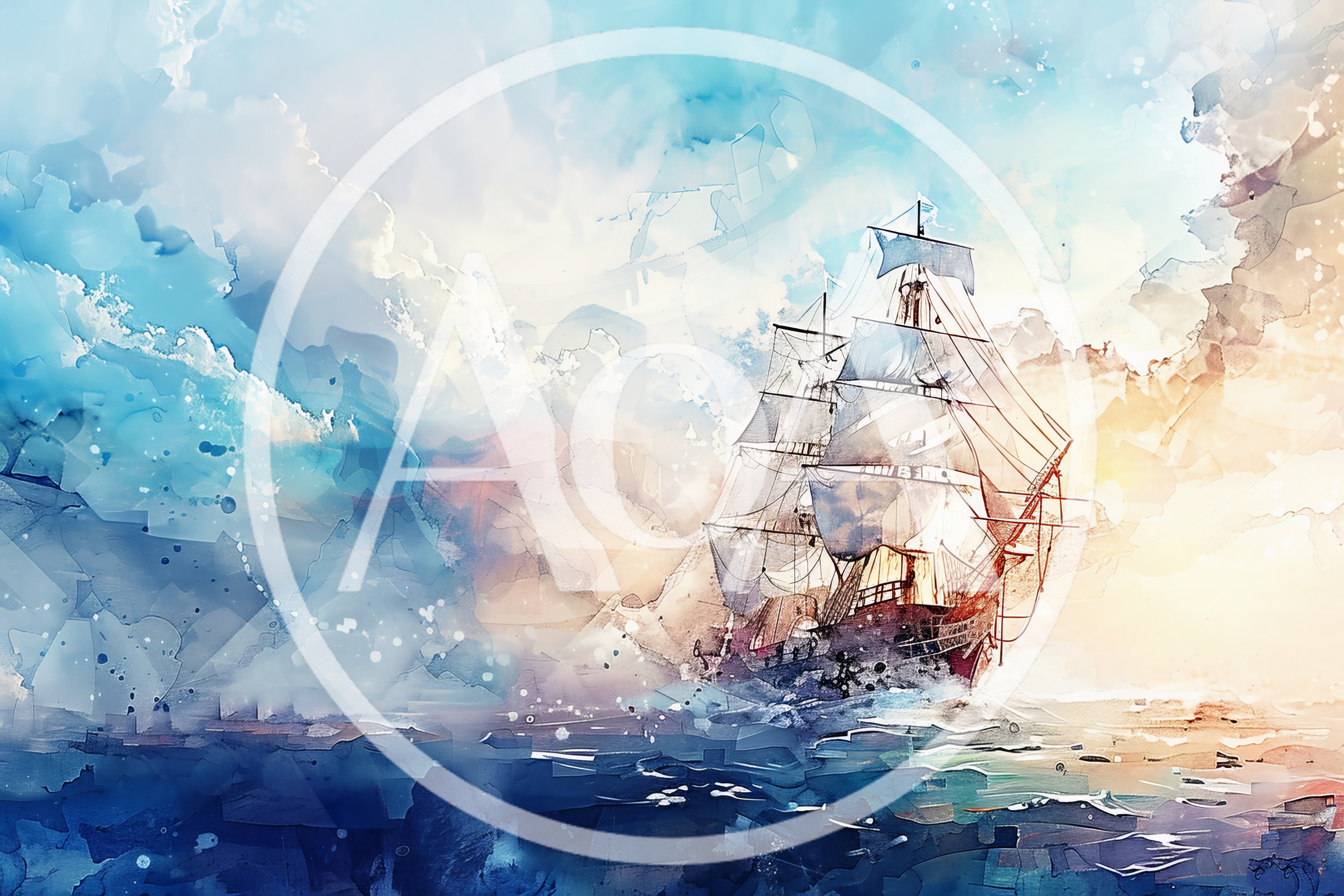 Watercolor Painting Of A Tall Ship Sailing At Sea