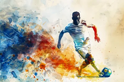 Watercolor Illustration Of A Soccer Player Dribbling
