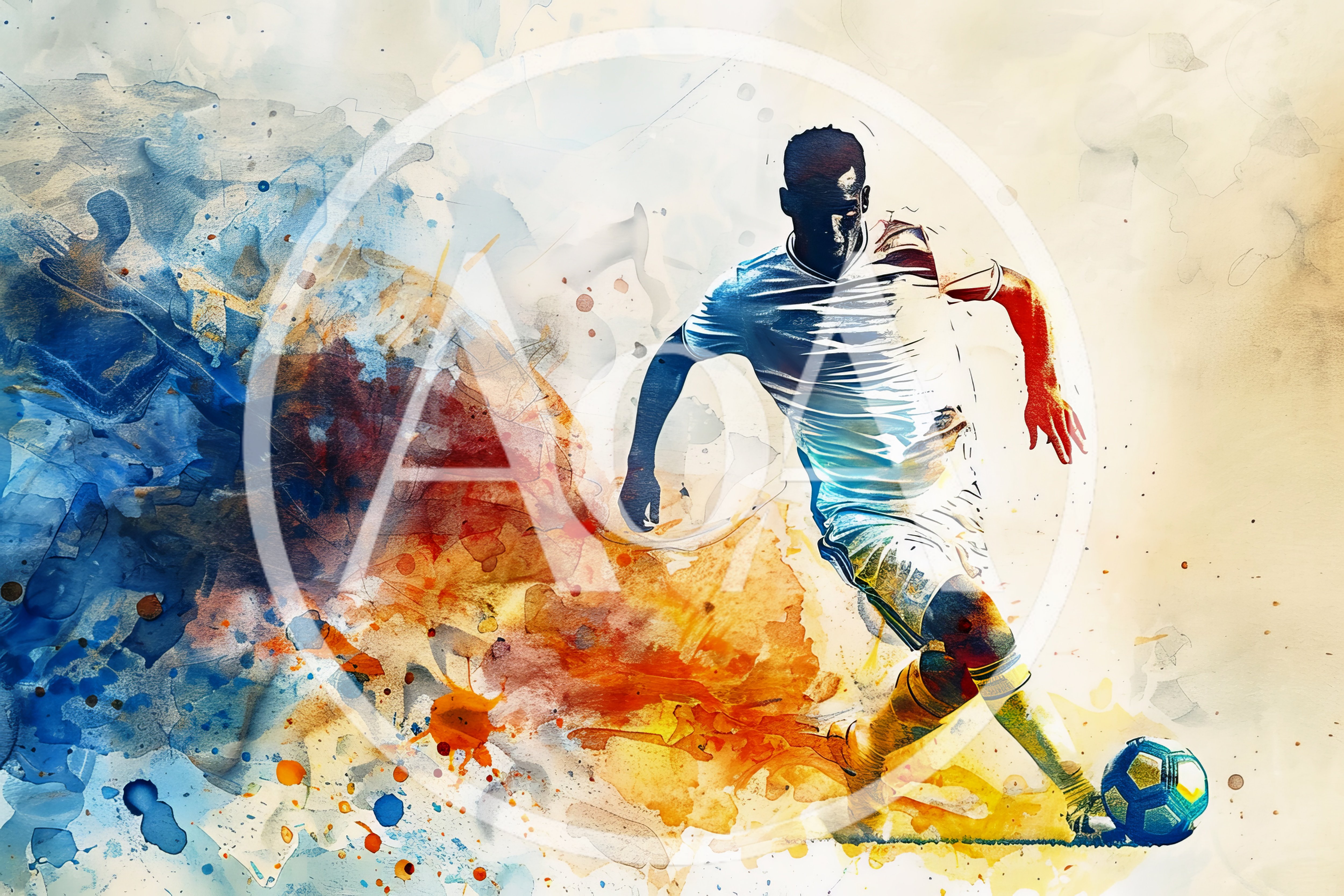 Watercolor Illustration Of A Soccer Player Dribbling