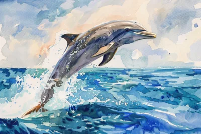 Watercolor Painting Of A Dolphin Leaping From Ocean Waves