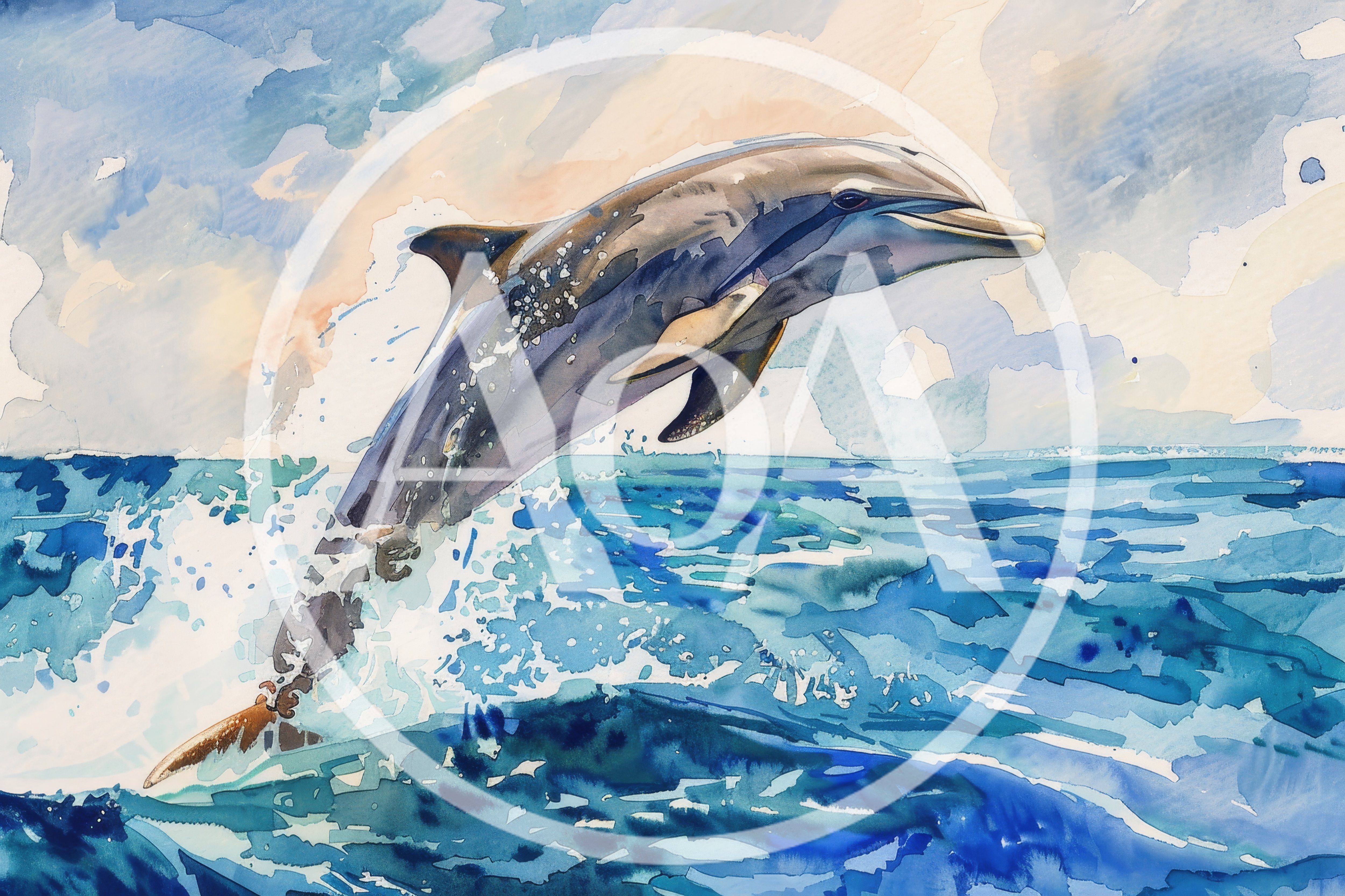 Watercolor Painting Of A Dolphin Leaping From Ocean Waves