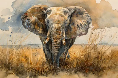 Watercolor Painting Of An African Elephant In Savanna