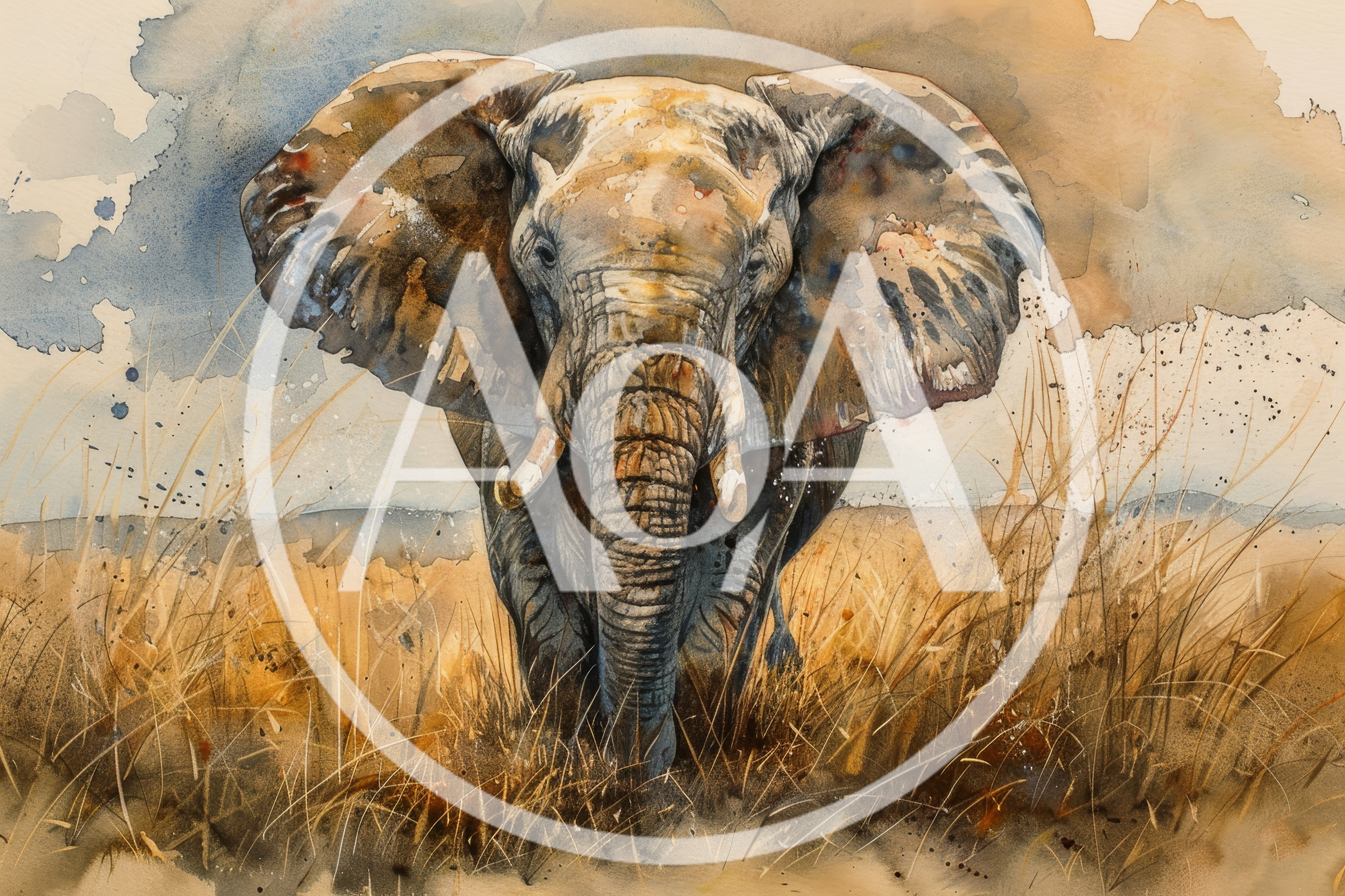 Watercolor Painting Of An African Elephant In Savanna