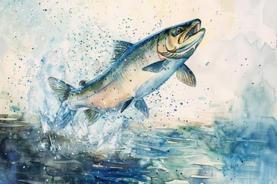 Watercolor Illustration Of A Leaping Atlantic Salmon