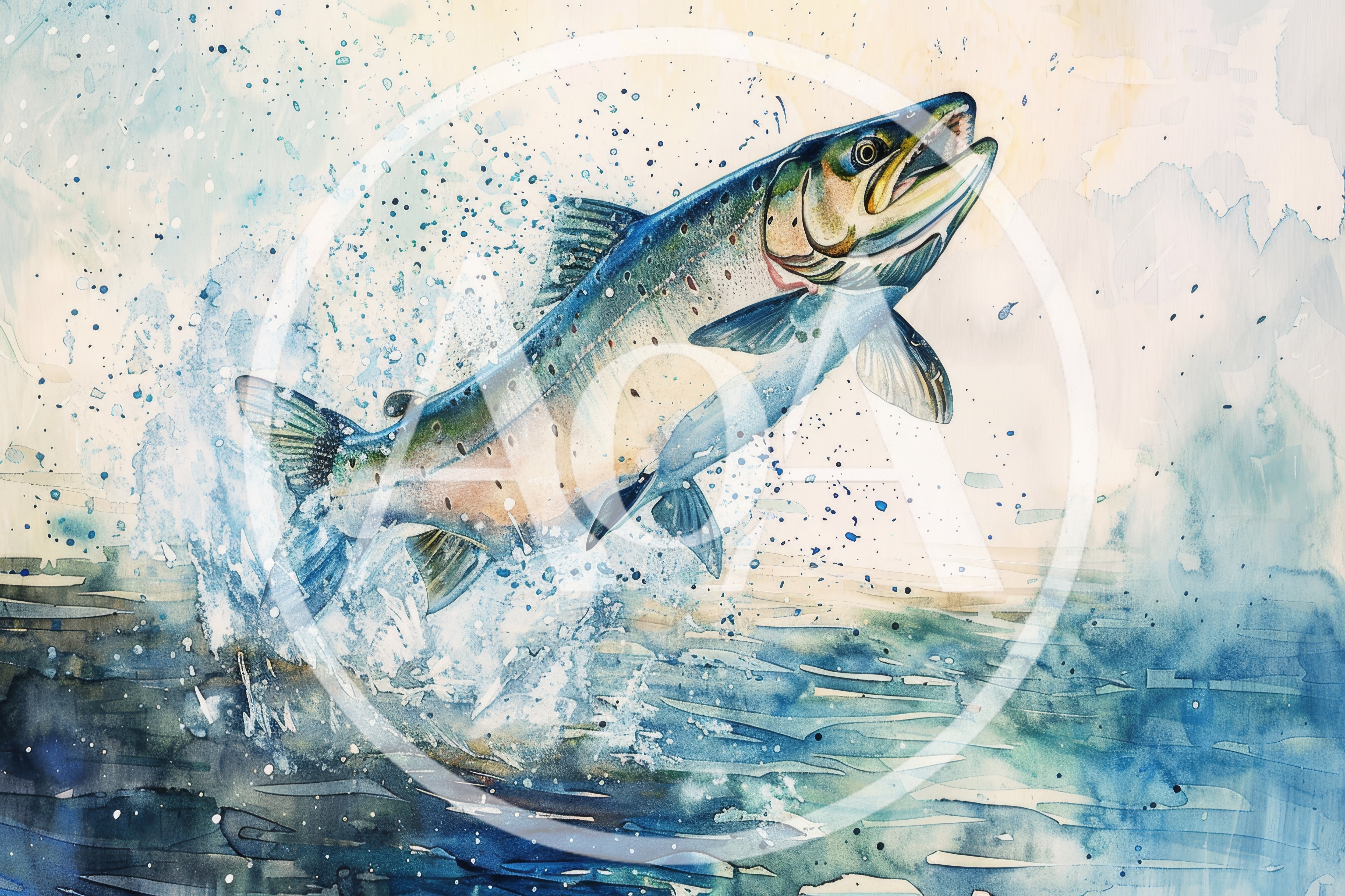 Watercolor Illustration Of A Leaping Atlantic Salmon