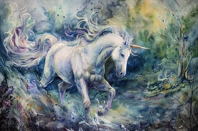 Watercolor Illustration Of A Majestic White Unicorn