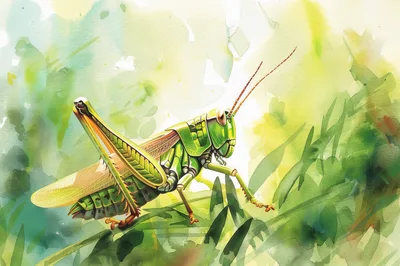 Watercolor Illustration Of A Green Grasshopper On Grass