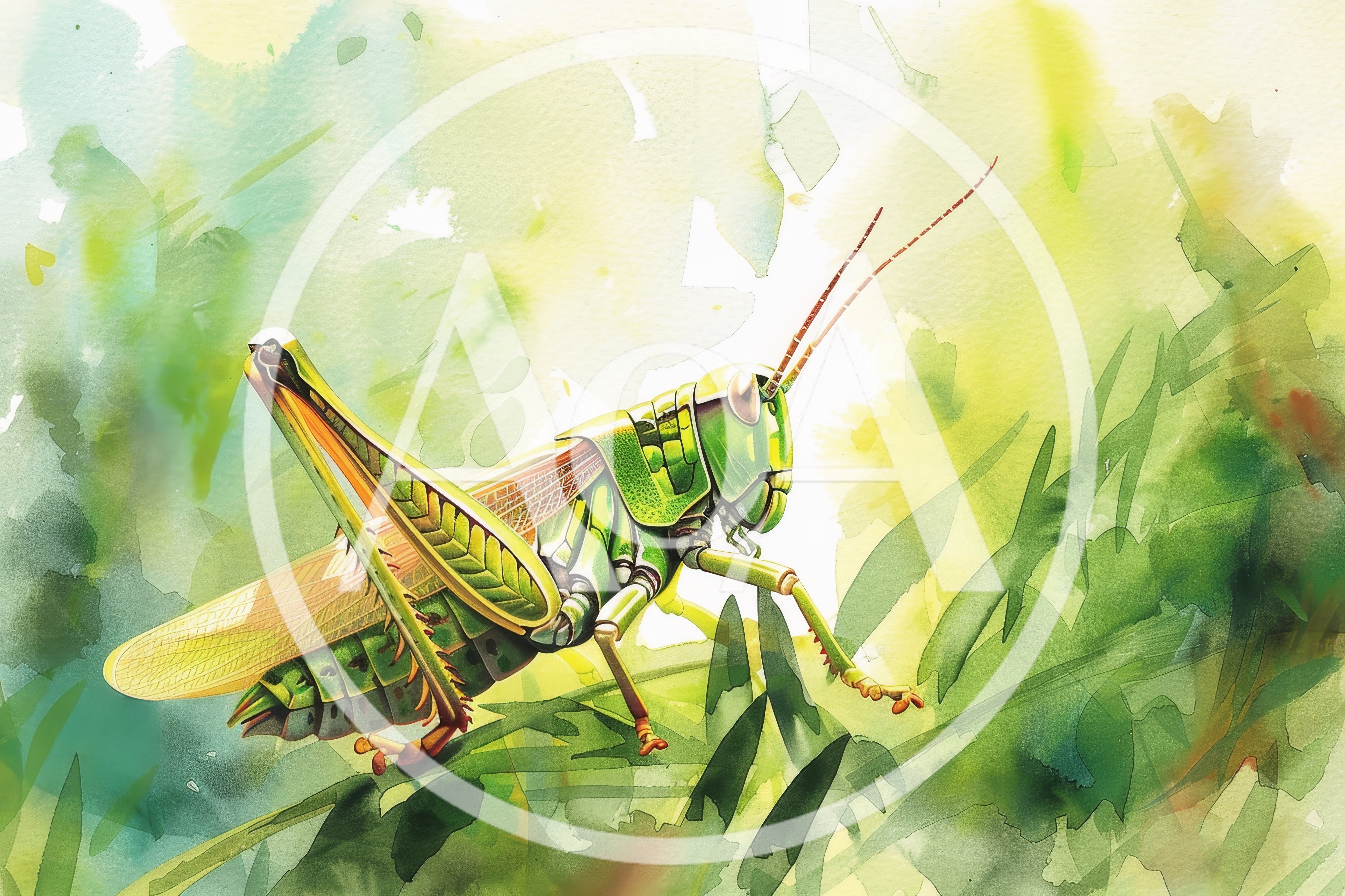 Watercolor Illustration Of A Green Grasshopper On Grass