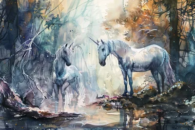 Two Majestic Unicorns Standing In A Misty Forest Stream