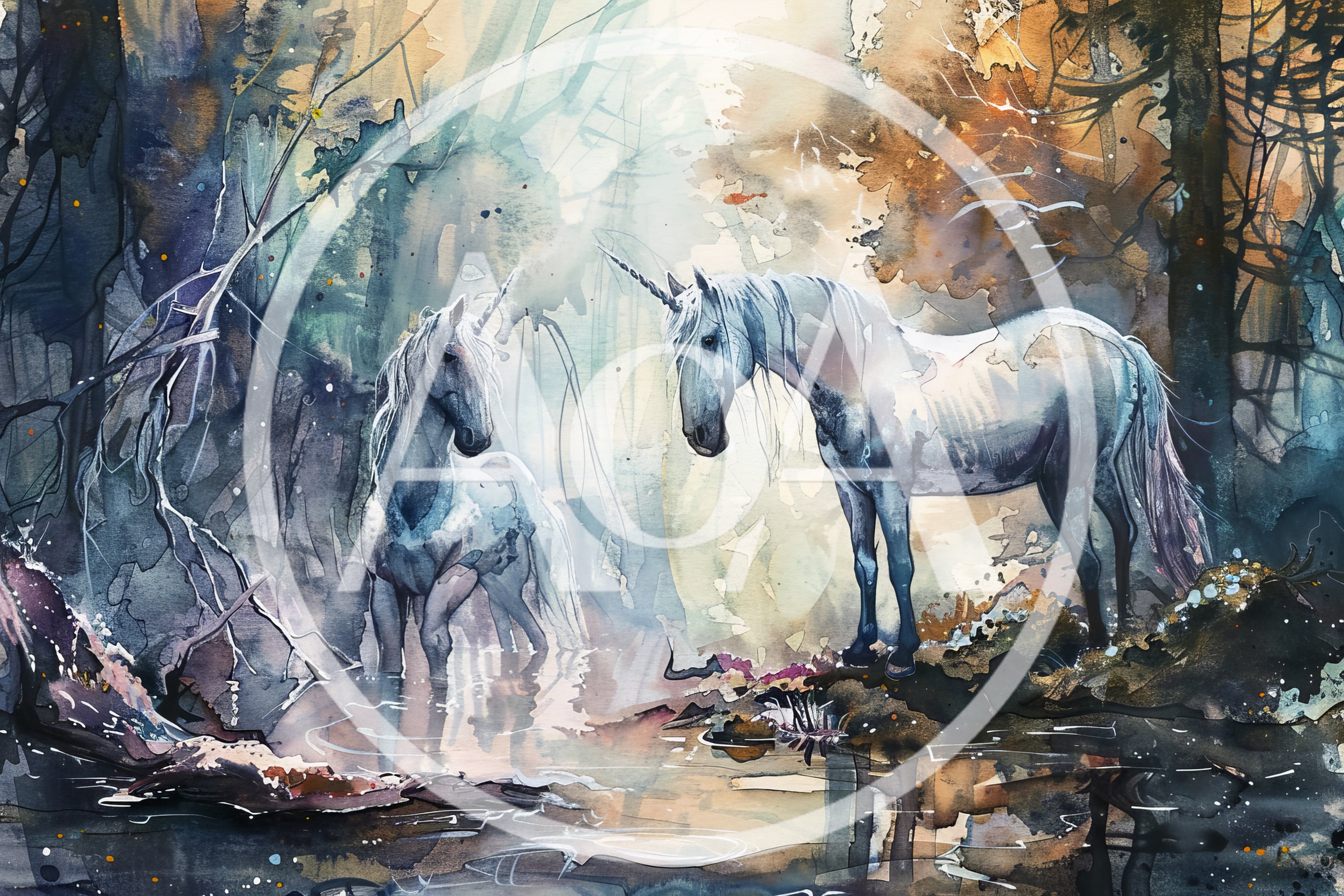 Two Majestic Unicorns Standing In A Misty Forest Stream