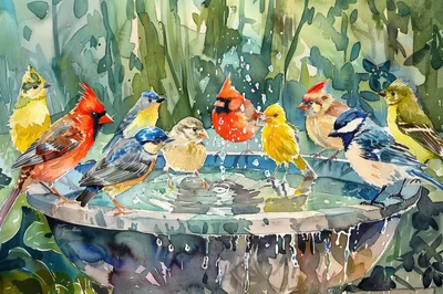 Watercolor Painting Of Various Birds At A Birdbath