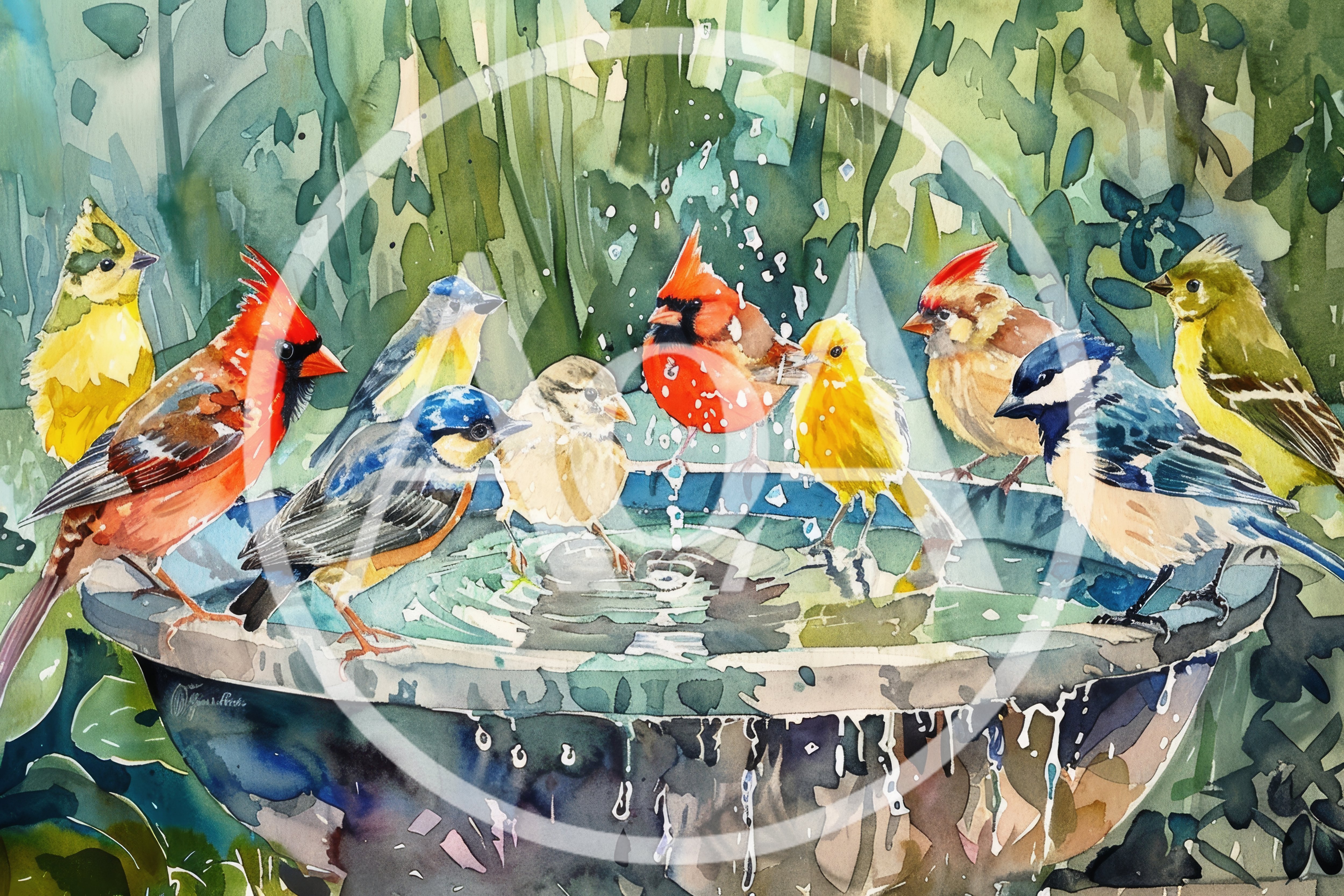 Watercolor Painting Of Various Birds At A Birdbath