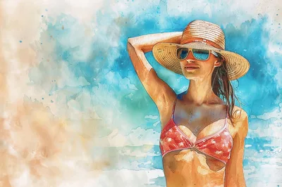Woman Wearing Sun Hat And Bikini On Beach