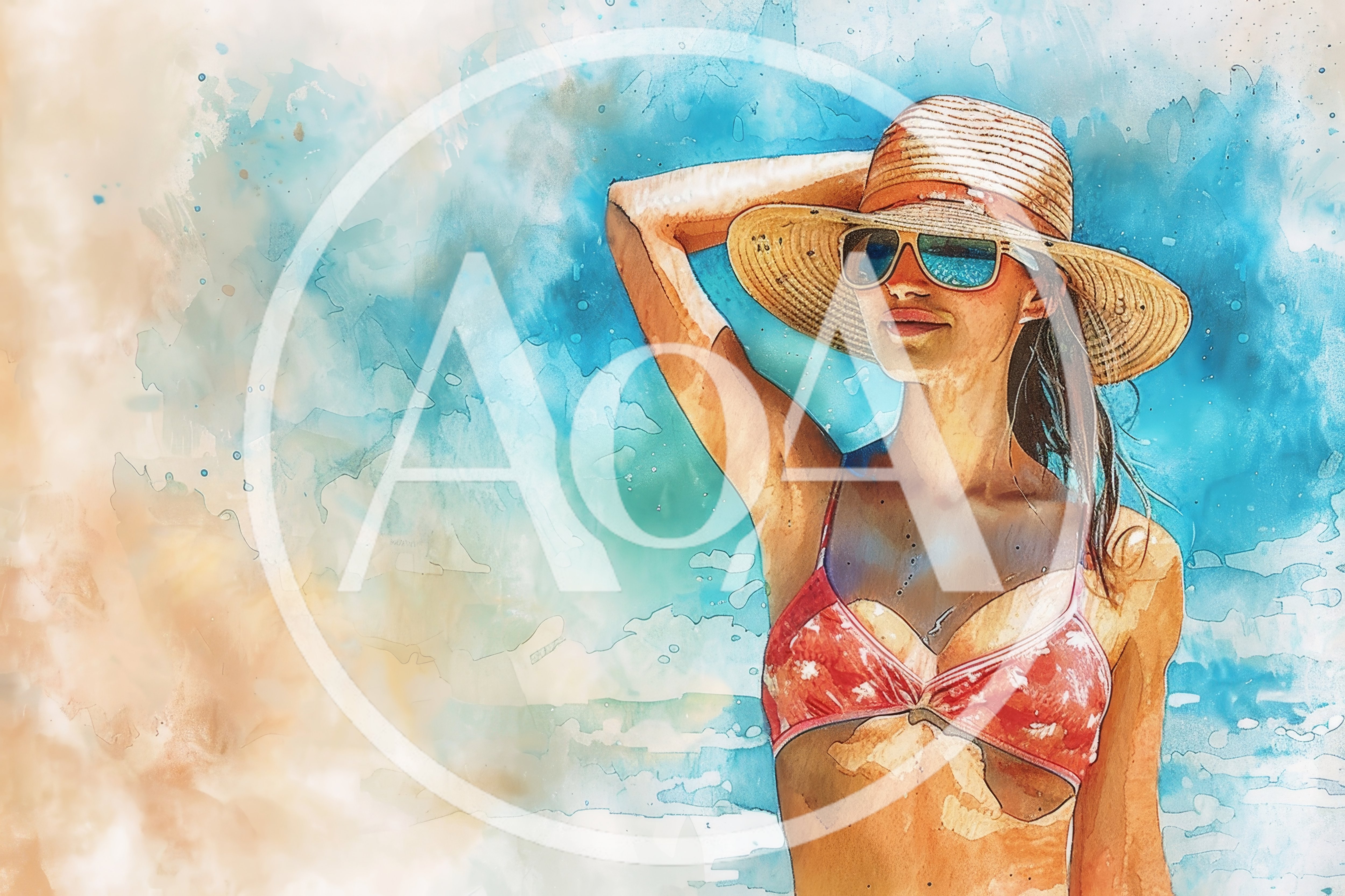 Woman Wearing Sun Hat And Bikini On Beach