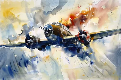 Watercolor Painting Of A Vintage World War II Bomber