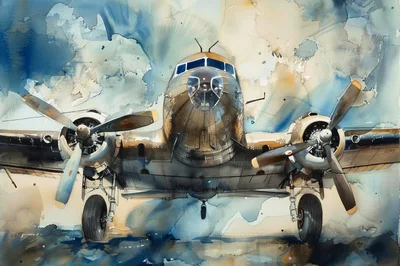 Watercolor Painting Of A Vintage Propeller Airplane