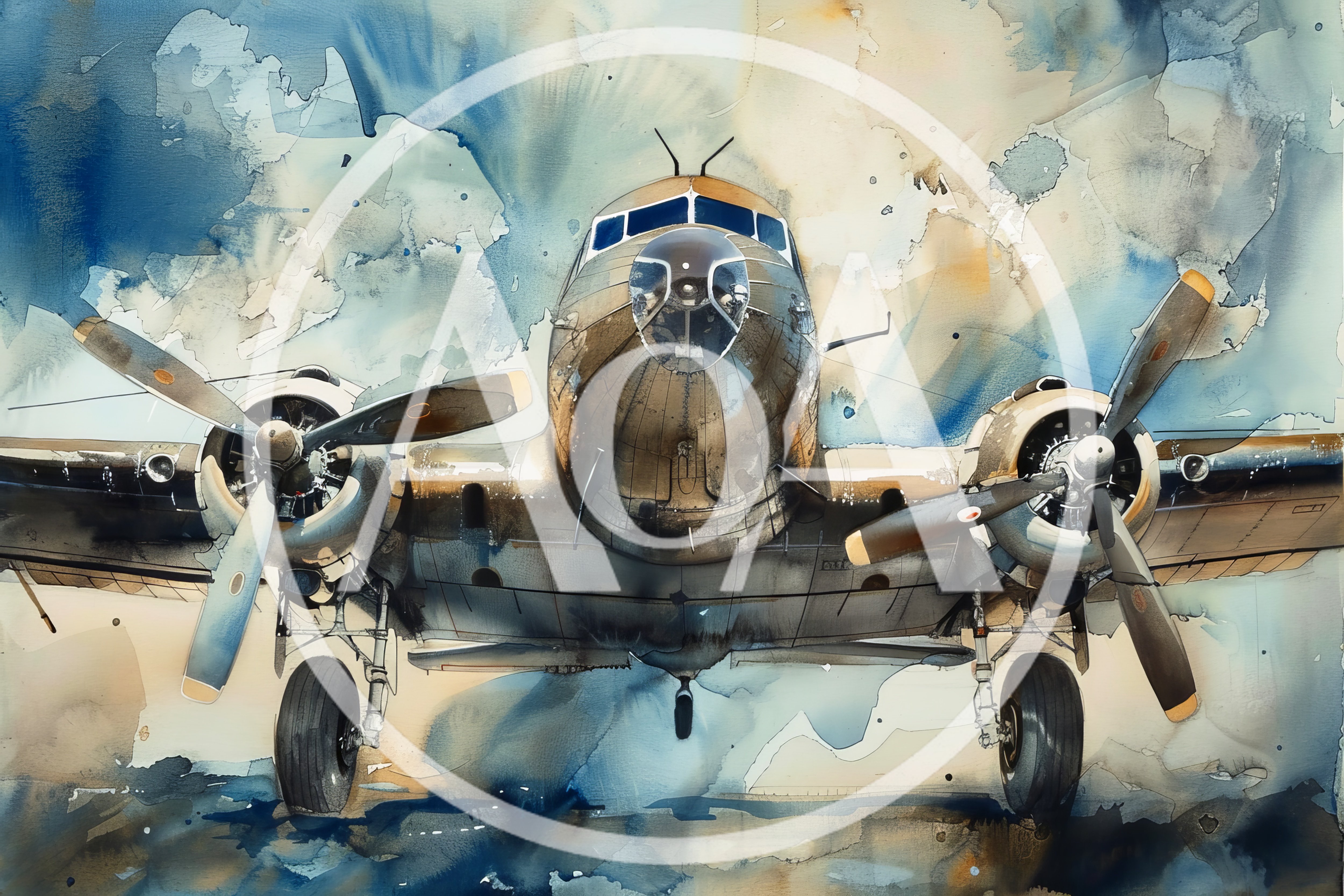 Watercolor Painting Of A Vintage Propeller Airplane
