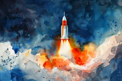 Watercolor Illustration Of A Space Shuttle Launch
