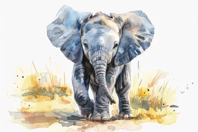 Watercolor Illustration Of A Baby Elephant Walking