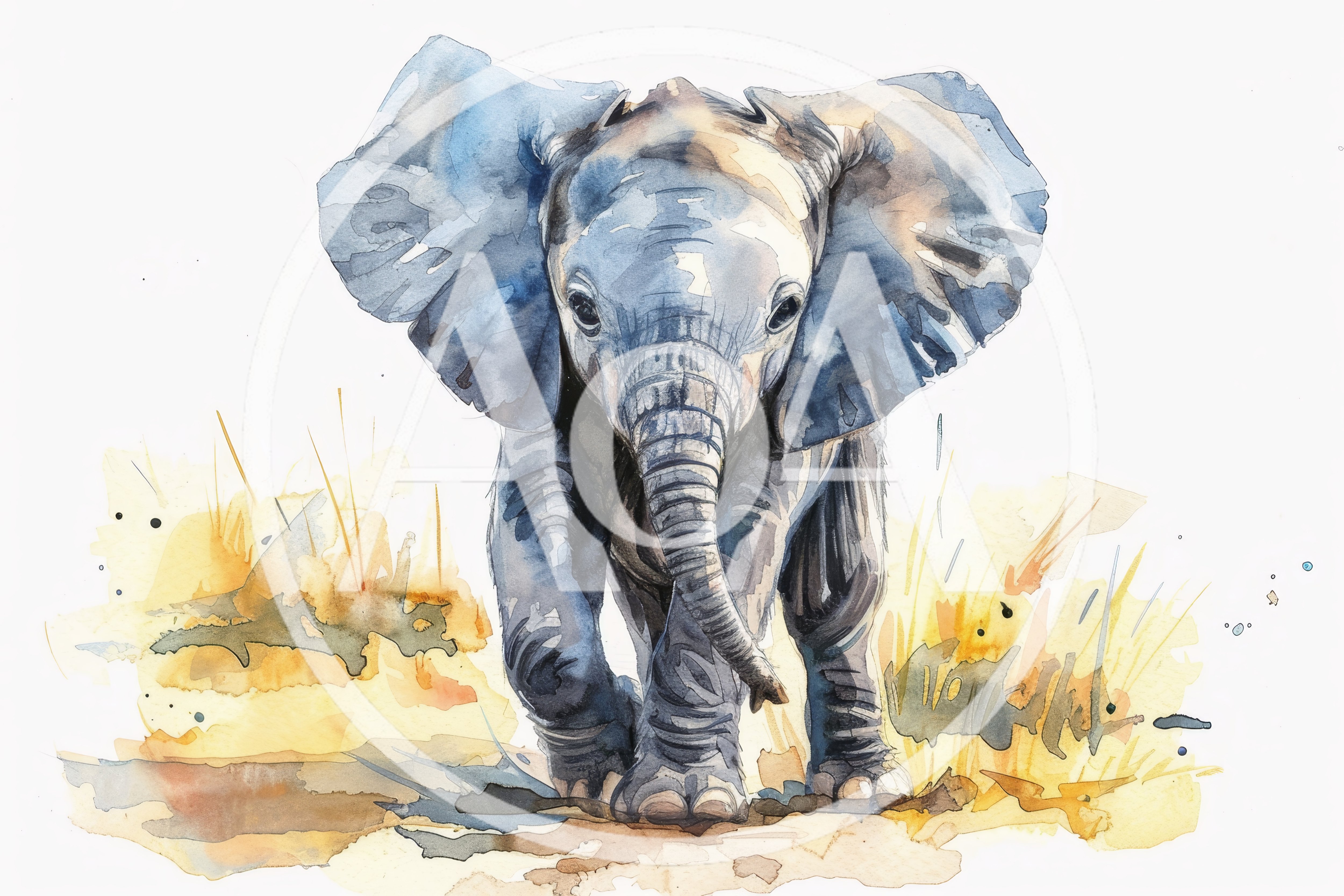 Watercolor Illustration Of A Baby Elephant Walking