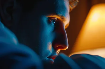 Young Man Looking At Screen In Dark Room
