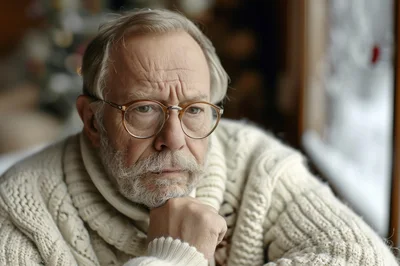 Thoughtful Elderly Man Wearing Glasses And Wool Sweater