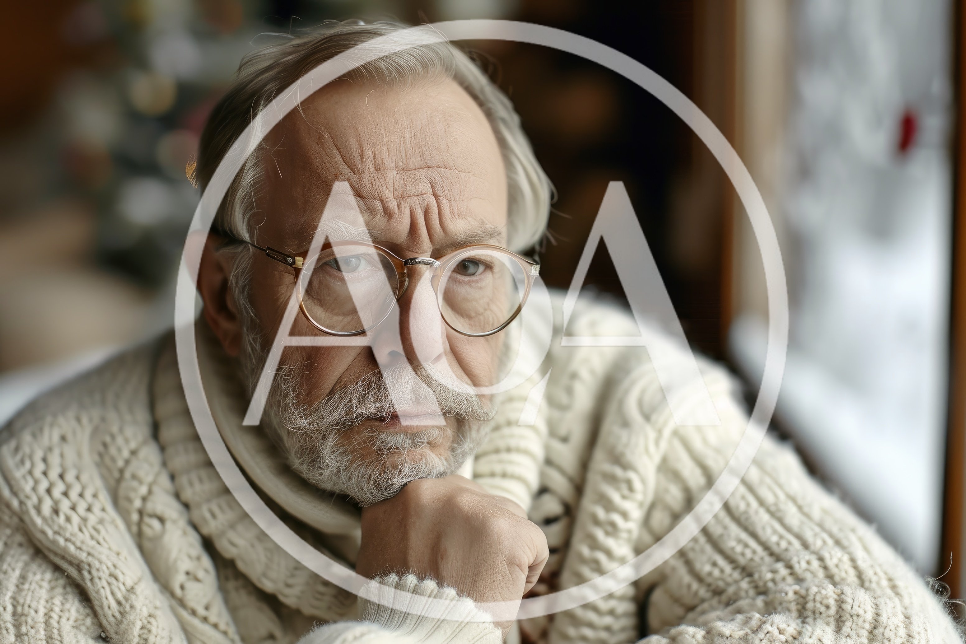 Thoughtful Elderly Man Wearing Glasses And Wool Sweater