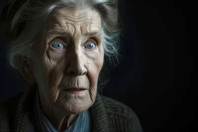 Close Up Portrait Of An Elderly Woman With Wide Eyes