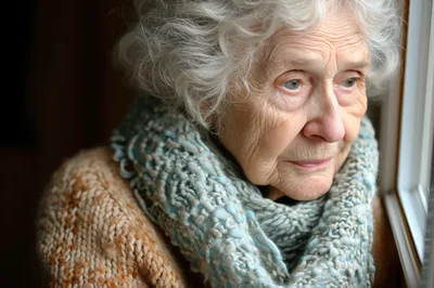 Elderly Woman Looking Out A Window