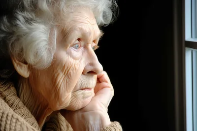 Elderly Woman Looking Out A Window